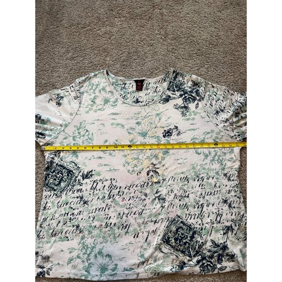 ALC Floral Text Script Top Size 3X Light Green Silver Black 100% Cotton Romantic - Picture 3 of 8